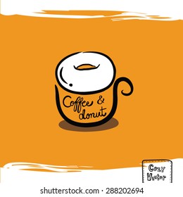 Hand drawing coffee cup with donut logo vector.