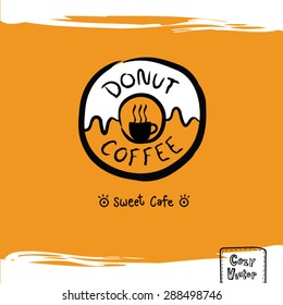 Hand drawing coffee cup with donut logo vector.