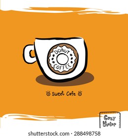 Hand drawing coffee cup with donut logo vector.