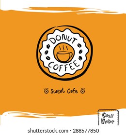 Hand drawing coffee cup with donut logo vector.