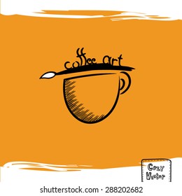 Hand drawing coffee cup with paint brush logo vector.