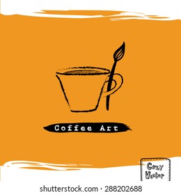 Hand drawing coffee cup with paint brush logo vector.