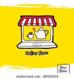 Hand drawing coffee cup and coffee pot with computer logo vector.