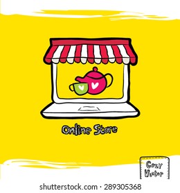 Hand drawing coffee cup and coffee pot with computer logo vector.