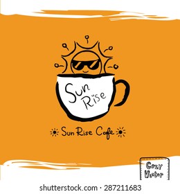 Hand drawing coffee cup with sun rise logo vector.