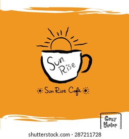 Hand drawing coffee cup with sun rise logo vector.