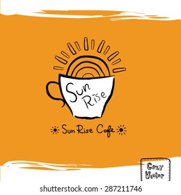 Hand Drawing Coffee Cup With Sun Rise Logo Vector.