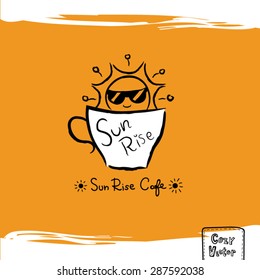 Hand drawing coffee cup with sun rise logo vector.