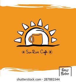 Hand drawing coffee cup with sun rise logo vector.