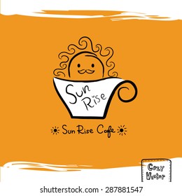 Hand drawing coffee cup with sun rise logo vector.