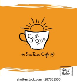 Hand drawing coffee cup with sun rise logo vector.