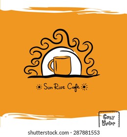 Hand drawing coffee cup with sun rise logo vector.