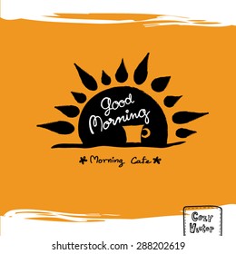 Hand Drawing Coffee Cup With Sun Rise Logo Vector.