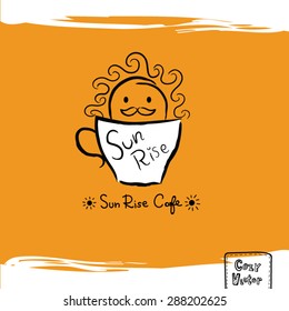 Hand drawing coffee cup with sun rise logo vector.