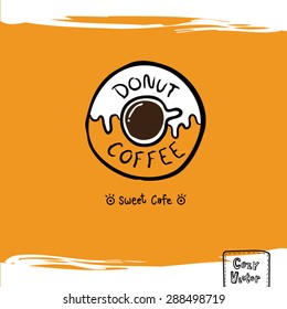 Hand drawing coffee cup top view with donut logo vector.