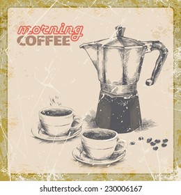 hand drawing of coffee pot and two cups of coffee on the table.vintage. vector illustration