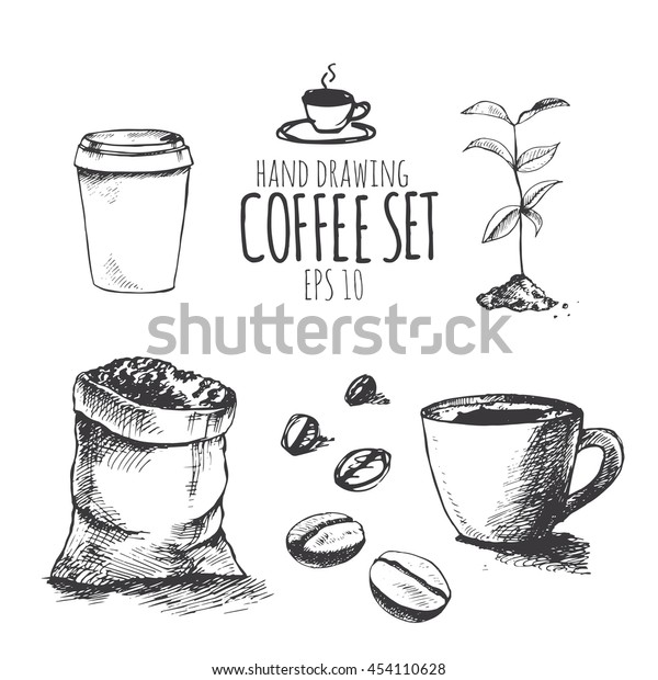 手描きのコーヒーセット デザイン用のベクターイラスト アラビカの入った袋のスケッチ 植物 コーヒー豆 マグ 白い背景にカップ のベクター画像素材 ロイヤリティフリー
