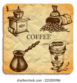 Hand drawing coffee set. Vintage ink sketch 