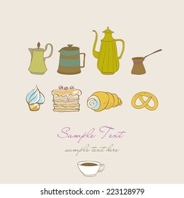 hand drawing coffee tea and sweet  food set