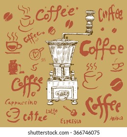 Hand drawing of coffee and vintage coffee-grinder, grunge style, monochrome vector illustration. Decoration collection. Set of calligraphic elements design, labels