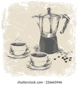 hand drawing of coffetiera and two cups of coffee with grunge frame. vector illustration