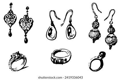 Hand drawing of collection female jewelry of precious metals and stones, rings,earrings, vector illustration isolated on white