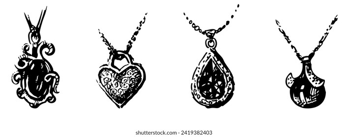 Hand drawing of collection female jewelry of precious metals and stones, pendants, vector illustration isolated on white