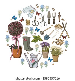 Hand drawing color garden set. Vector illustration. Manual graphics.