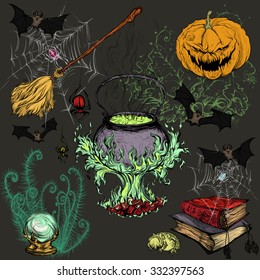 Hand drawing in color on a black background, vector illustration, pattern Halloween. Pumpkin, magical cauldron, broom, bats, books, spiders, magic ball, fern, spider webs.