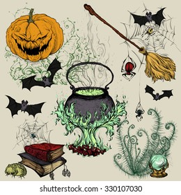Hand drawing in color on a light background, vector illustration, pattern Halloween. Pumpkin, magical cauldron, broom, bats, books, spiders, magic ball, fern, spider webs.