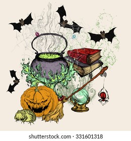 Hand drawing in color on a light background, vector illustration, pattern Halloween. Pumpkin, magical cauldron, broom, bats, books, spiders, magic ball, fern, spider webs.