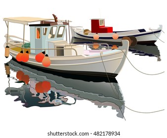 Hand drawing colored fishing boats, vector illustration
