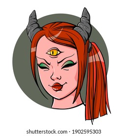 Hand drawing colored line Red Devil girl very beautiful Demon doll. Suitable for tattoo, cover, print, poster, postcard. Vector. Isolated from the background