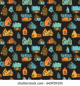 Hand drawing colorful brush doodle village wooden houses home buildings seamless background