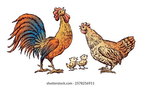 Hand drawing of colorful cartoon crowing cock, hen and chicks, vector illustration isolated on white 