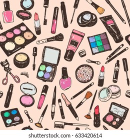 Hand drawing colorful cosmetics seamless pattern, nail polish, powder, concealer, mascara, eye shadow. Isolated vector set.