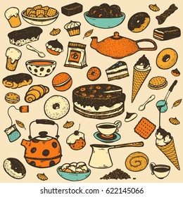 Hand drawing colorful doodle set of sweets, Cupcake, cake, ice cream, tea, coffee, candy, sandwich.