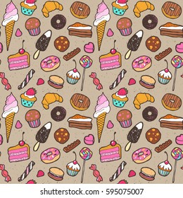 Hand drawing colorful doodle sweet cakes, ice cream, desert  chocolate, lollipops on brown seamless background