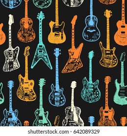 Hand drawing colorful electric & acoustic guitar collection. Isolated vector seamless background