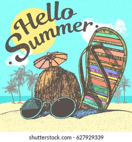 Hand drawing colorful illustration hello summer inscription text, coconut, sunglasses, palms trees, moccasins on sandy beach