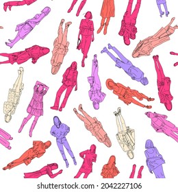 Hand drawing colorful pattern with trendy girls dressed in street style. For print and design. Vector illustration.