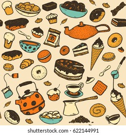Hand drawing colorful seamless pattern of sweets, Cupcake, cake, ice cream, tea, coffee, candy, sandwich.
