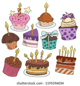 Hand drawing colorful set with sketches of birthday desserts, sweets, baking on white background, vector illustration