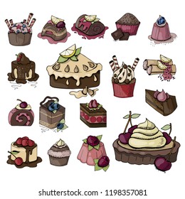 Hand drawing colorful set with sketches of desserts, sweets, baking.  Objects isolated on white background. Set of elements for design. vector illustration
