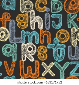 Hand drawing colorful sketch style alphabet letters. Graphic strokes texture seamless pattern on black