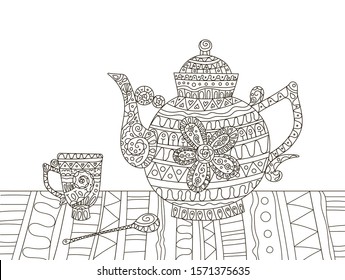 Hand drawing coloring book for children and adults. A beautiful pattern with small details for creativity. Antistress decor still life tea party with teapot, cup and spoon.