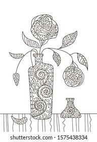 Hand drawing coloring book for children and adults. A beautiful pattern with small details for creativity. Antistress decor still life with flowers in vase.