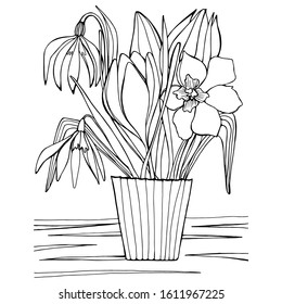 Hand drawing coloring book for children and adult mascara. Beautiful drawings with patterns and small details. Still life vase with wildflowers, spring garden flowers. A series of anti-stress pictures