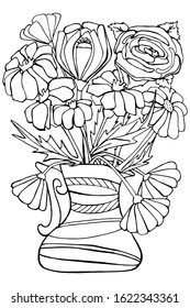 Hand drawing coloring book for children and adult mascara. Beautiful drawings with patterns and small details. Still life vase with wildflowers, garden flowers. One of a series of anti-stress pictures