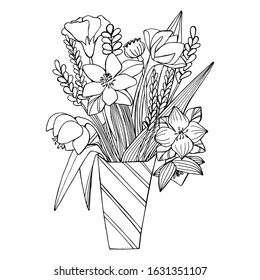 Hand drawing coloring book for children and adult mascara. Beautiful drawings with patterns and small details. Still life vase with wildflowers, garden flowers. One of a series of anti-stress pictures